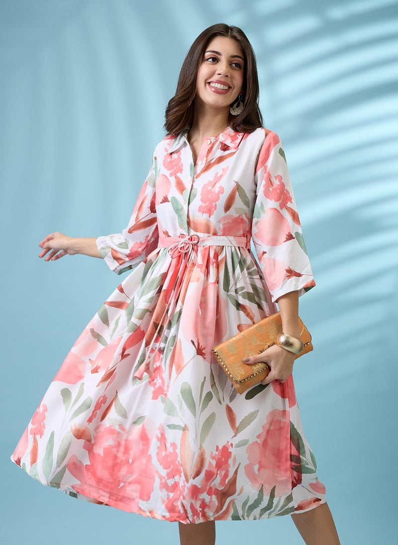 Globus Women White Floral Print Shirt Collar Gathered Fit and Flare Midi Fusion Dress With Belt - Image 1